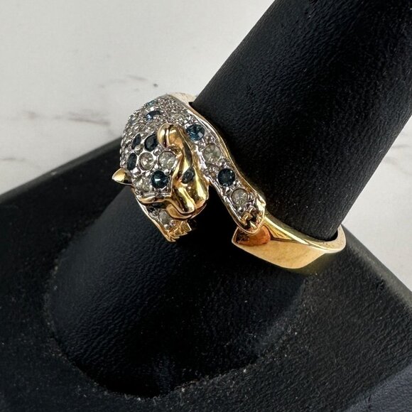 Gold-Tone Panther Ring With Blue & Clear Rhinestones Size 10 - Picture 5 of 8